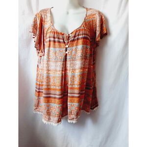 Latitude 10 degrees orange Peasant Lace bohemian Fringe sz 1X artsy blouse